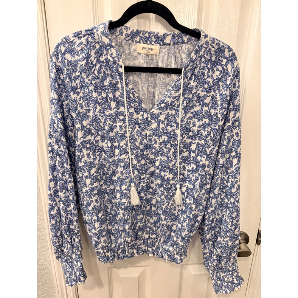Porridge Top Blue Floral Cotton Gauze Tassel Smocked Blouse Boho V-Neck M